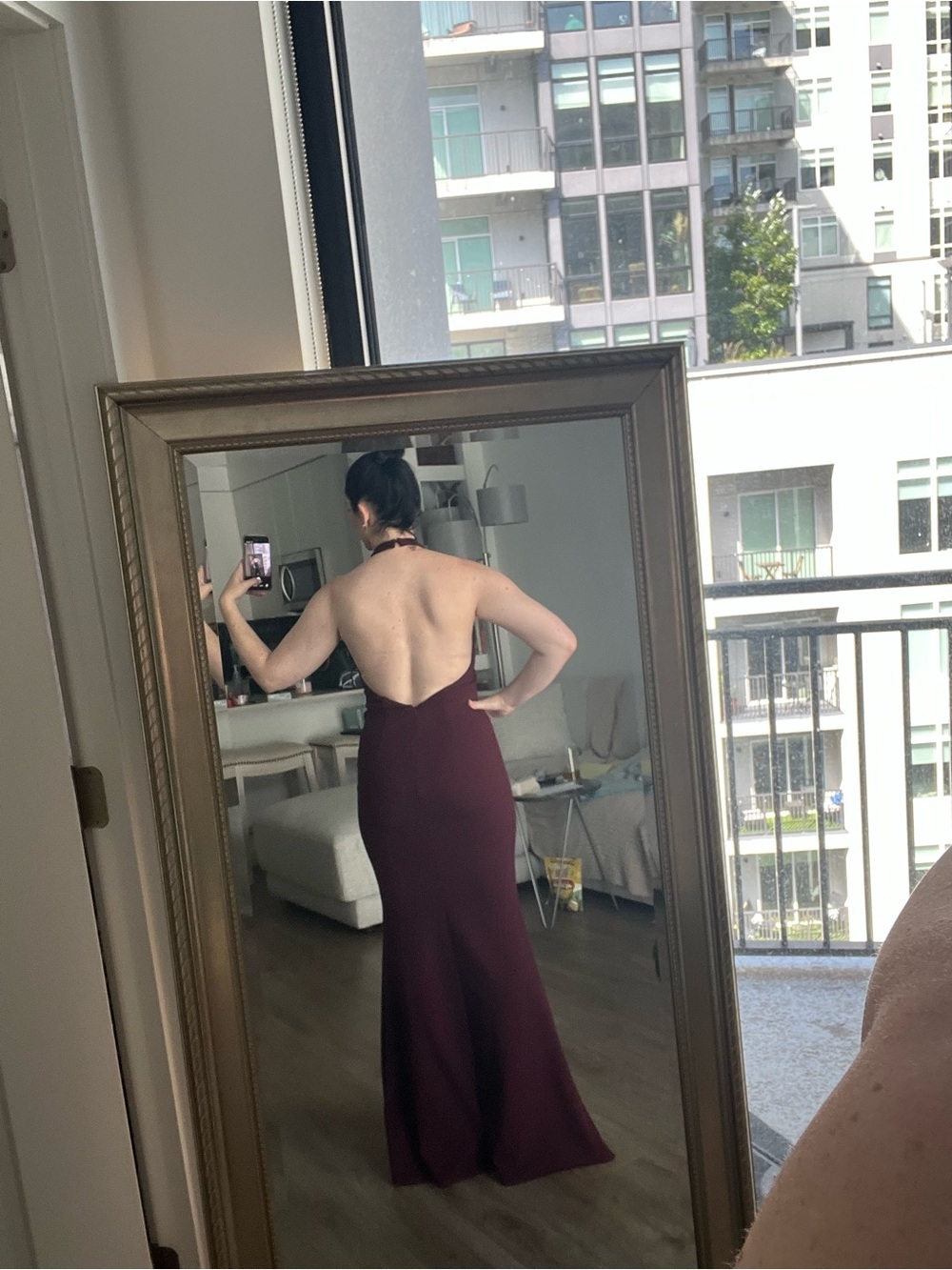 Backless Halter Keyhole Gown in Deep Burgundy - Picture 2 of 3